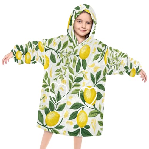 Pardick Wearable Blanket Hoodie for Kids, Lemon Leaves Fleece Sweatshirt Blanket Oversized Blanket Sweatshirt with Pocket Flannel Warm Hooded Blanket 6-10 Year Old Girl Boy Gift, One Size