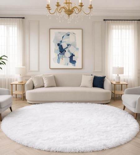 VOFUSHON Tapis Rond 100 CM Blanc Tapis Chambre Lavable Antidérapant Ultra-Doux Moelleux Grand