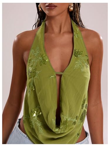 SOLY HUX Women's Floral Glitter Deep Cowl Neck Halter Crop Top Sleeveless Backless Vest Vacation Rave Outfits3