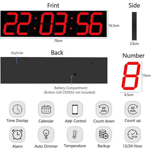 Orologio digitale da parete a LED, modalità fitness, cronometro, conto alla rovescia, sveglia, visualizzazione della temperatura, funzione di memoria di spegnimento per riunioni ed esami