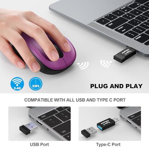 Image of WisFox 2.4G Wireless Mouse for Laptop, Ergonomic Computer Mouse with USB Receiver and Type-C Adapter, 3 Adjustable Levels, 6 Button Cordless Wireless Mice for Windows Mac PC Notebook (Purple)