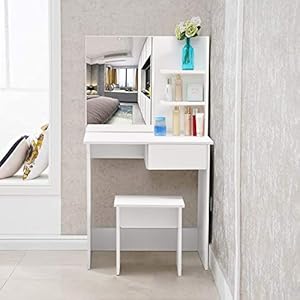 TUKAILAi Witte kaptafel set met kruk en spiegel set witte make-up tafel 1 lade en plank met 2 niveaus voor opslag hoek…