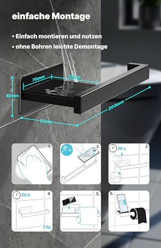 Menz Toilettenpapierhalter Ohne Bohren Schwarz, Klopapierhalter Wasserdicht Mit Stilvoller Ablage Für Handy, Schlüssel & Duftkerzen, Rostfreier Klorollenhalter, Perfekte Wahl Für Toilette & Badezimmer