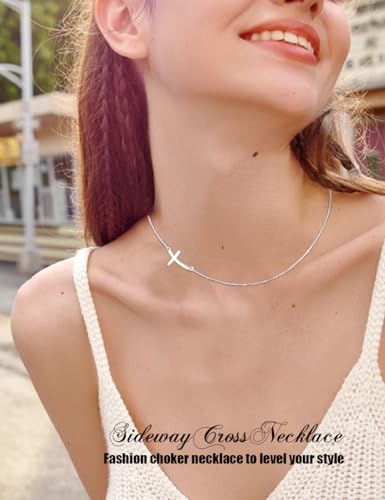 Image of Ladytree 925 Sterling Silver Concise Sideways Cross Pendant Necklace Choker for Women Christian Jewelry