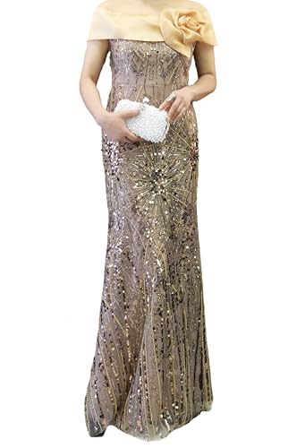Women's Embellished Sequins Elegant Evening Champagne Bow Detail Floor Length
