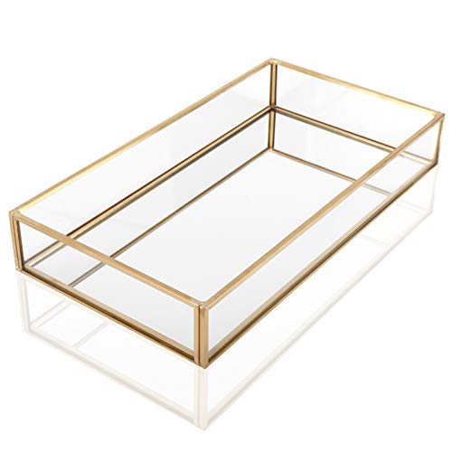 Retro Griff Spiegel Tragbarer Handspiegel Reise Make-up Spiegel Golden Vintage Kosmetik Spiegel für Mädchen Frau Make-up Werkzeuge 5 Homtone Retro Spiegeltablett Dekotablett Gold Glastablett Tablett, Glass Kosmetik Organizer Aufbewahrung Tablett für Schminktisch Dekor (30 x 20 x 5 cm)