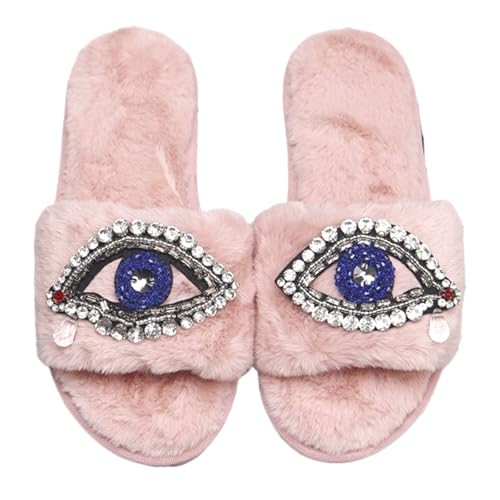 Evil Eye Slippers Women Plush Flat Slippers Tears on Slides Fashion Fuzzy Plush Slides Flip Flop Indoor Bedroom Shoes