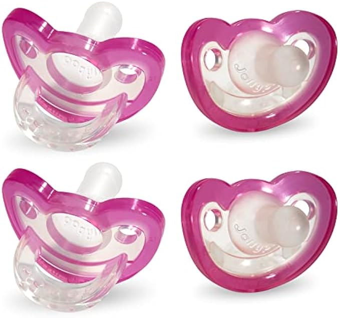 RaZbaby JollyPop 3m+ Baby Pacifier Plus(Pink) 4 Pack - Safe Nipple for Babies 3m & Up - Soft BPA Free Medical Grade Silicone - Dishwasher Safe Easy to Sterilize, Durable 1 Piece Construction USA Made