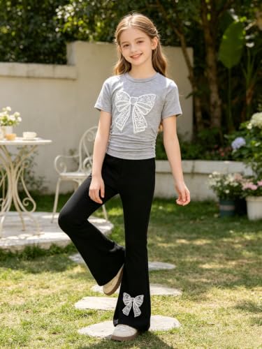 Image of Girls Clothes 2 Piece Short Sleeve Lace Bow Print Tops Flared Pants Set Little Girl Outfits Size 7-14