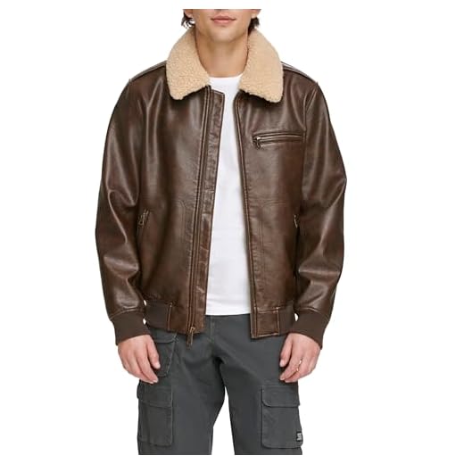 Levi's Jaqueta aviadora masculina de couro sintético com gola sherpa, Marrom, P