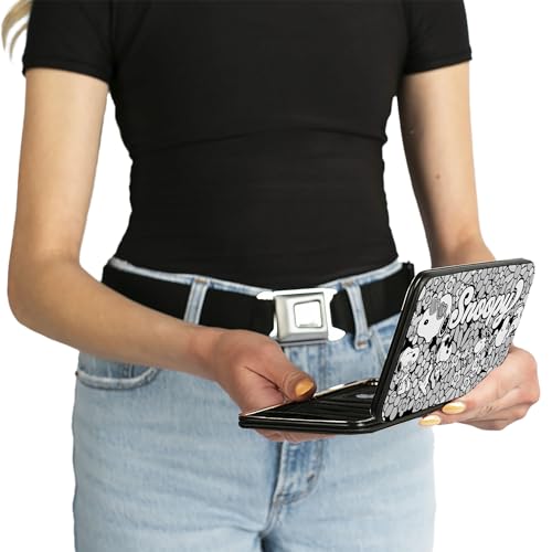 Buckle-Down Peanuts Wallet, Hinged, Snoopy Poses and Daisy Flowers Collage Black Grays White, Vegan Leather4