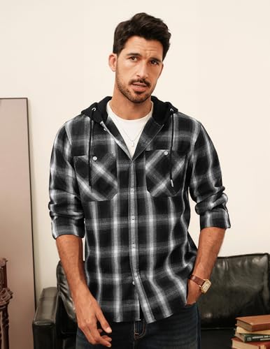 PJ PAUL JONES Mens Hooded Flannel Shirt Long Sleeve Plaid Shirts Hoodie Jackets