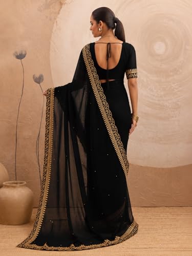 Image of Women's Georgette Embroidery Border Beads work Saree with Blouse Piece