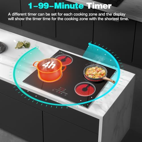 Ceramic Hob 4 Zones, Electric Ceramic Hob 6000W, Built-in Electric Hob, 59cm Ceramic Cooktop, Slider Touch Control, Safety Lock, Timer, 9 Power Level, 230V, No Plug