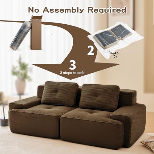 Image of 82 inch Modern Modular Boneless Couch for Living Room, 2 Seat, Soft Corduroy Fabric, Deep Seat Cloud sectional Sofa with Pearl Like Piping and Tufted Design, No Assembly, Anti Slip, Brown