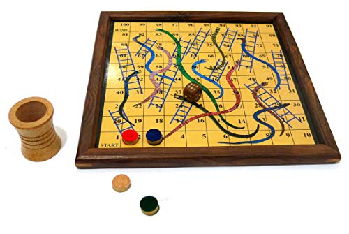 Image of Reversible Wooden Magnetic Ludo /Snakes and ladders Game /Fun /Travel Board Game with Dice (Brown) Size - 25 x 25 x 2 cm