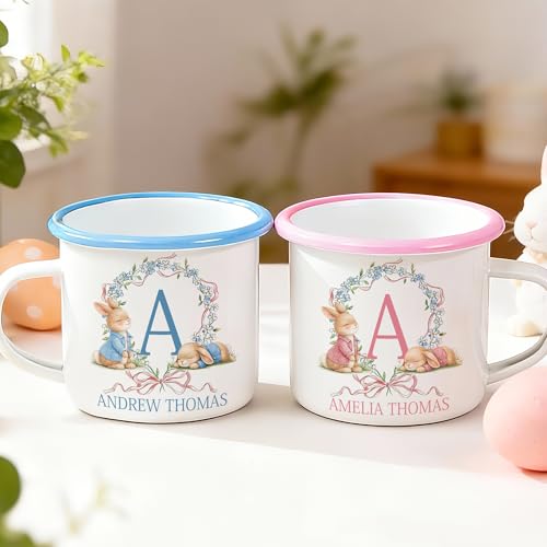 callie Personalized Kids Easter Mug 12oz, Custom Initial Name Bunny Enamel Cup, Gifts for Boys Girls Family
