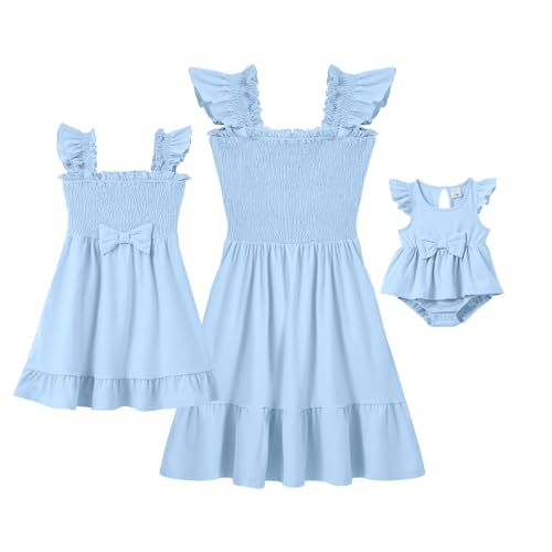 IFFEI Mommy and Me Matching Dresses Womens Smocked Ruffle Sleeve Mini Dress Vacation Beach Family Matching Outfits4