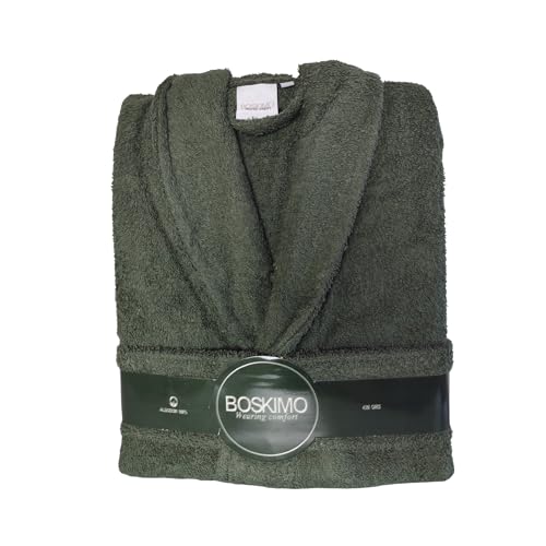 BOSKIMO Bademantel, Unisex, 100 % Baumwolle, Oeko-Tex, Bademantel für Damen und Herren, amerikanischer Frottee, 420 g/m², weich und sehr saugfähig, khaki-grün, S