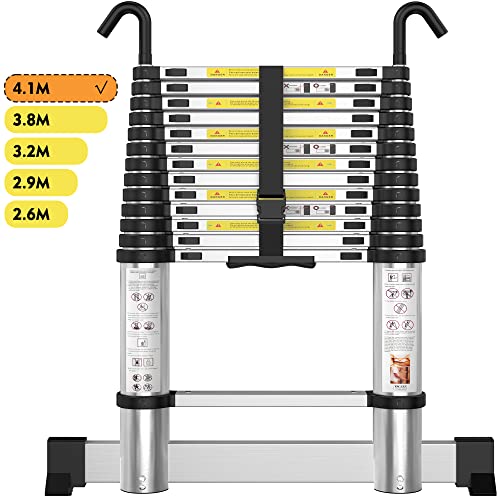 HOMIDEC Échelle télescopique en aluminium de 4.1 m avec barre stabilisatrice et crochets détachables, échelle de grenier extensible multi-usage, charge maximale 150 kg, EN131 Cover