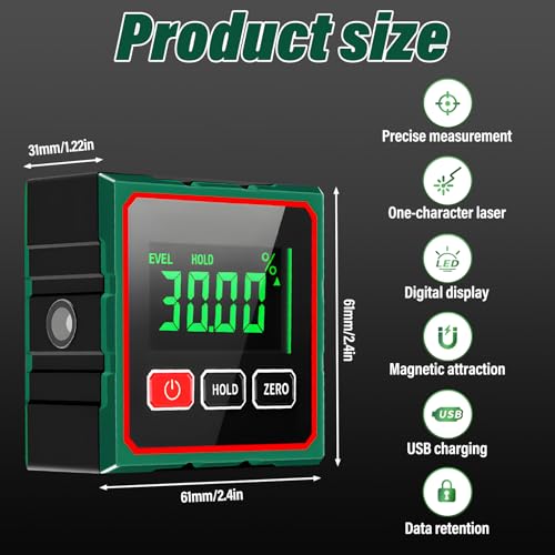 Heemol Digitaler Winkelmesser, multifunktionales Messgerät mit 360° Drehfunktion Doppellaser Magnetfuß LED Hintergrundbeleuchtung Spritzwasserschutz und Type-C für DIY.