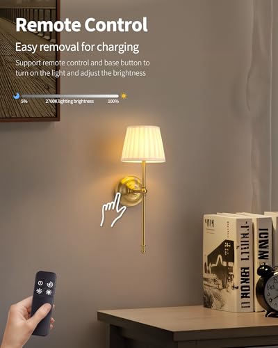 KDG Cordless Wall Sconces Set of 2, Small Wireless 5200mAh Rechargeable Battery Fabric LED Wall Lamps, Portables Lightings for Wall Painting, Living Room, Bedroom, Hallway, Gifts, Night Light (Gold)