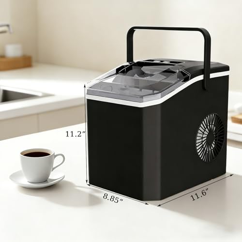 Portable Countertop Ice Maker - 9 Ice Cubes in 6 Minutes, Self-Cleaning, Compact Design with Basket, Perfect for Home, Kitchen, Office, Bar - Black, No Handle