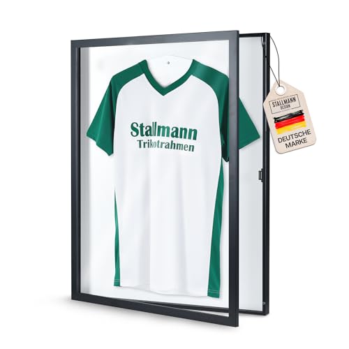 Stallmann Design Trikotrahmen 'Easy Click & Fill' mit Tür | Rahmen-Farbe: Schwarz | Hintergrund: Weiß | Größe: 70 x 90 cm | hochwertige und leicht zu befüllende Vitrine für Trikots