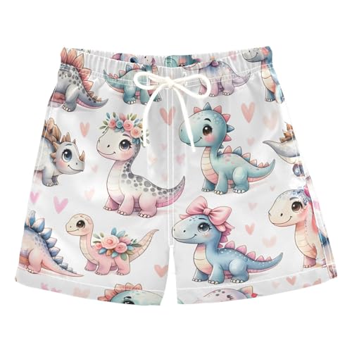 YANENDIE Boy Swim Trunks Cute Dinosaurs in Flowers Summer Beach Quick Dry Swimsuit Bathing Suit, 2-8T