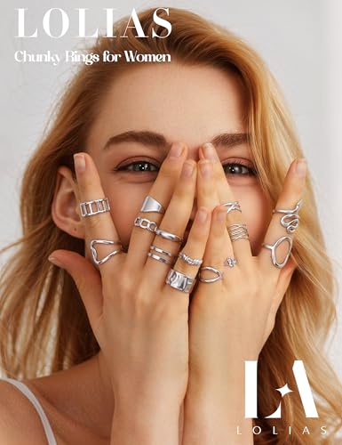 LOLIAS 16 Stück Ringe Silber Damen Edelstahl Ring Verstellbar Offene Daumen Knöchel Ringe Silber 925 für Frauen Minimalistischer Rings Set Silberringe Fingerringe Damenring Ring Schmuck Damen