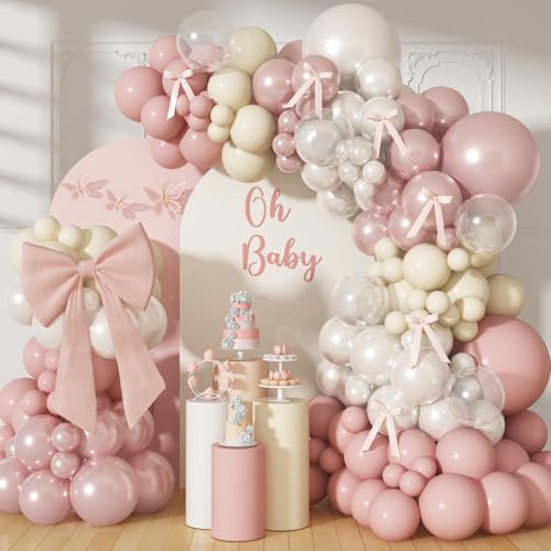 Arche de ballons double rembourrage rose poudré et blanc nacré premium