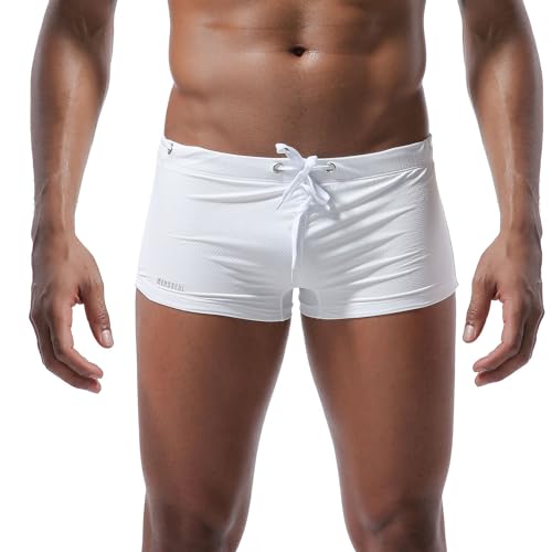 Sexy Swimwear Men's Swimsuits Swim Board Surf Boxer Briefs Trunks Shorts Low Waist Drawstring Tropical Swimming Trunks 31 White