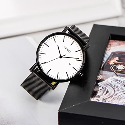 BUREI Men Watches Brown Leather Fashion Minimalist Wrist Watch Simple Ultra Thin Waterproof Quartz Watches All Black Stainless Steel Mesh Band,Gift for Men Women