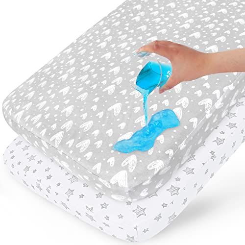 Image of Waterproof Pack n Play Fitted Sheets 2 Pack,100% Cotton Mini Crib Mattress Cover Protector 38" X 25" Fits for Baby Playpen/Playard Mattress, Portable Crib Sheet, White & Grey Star Print