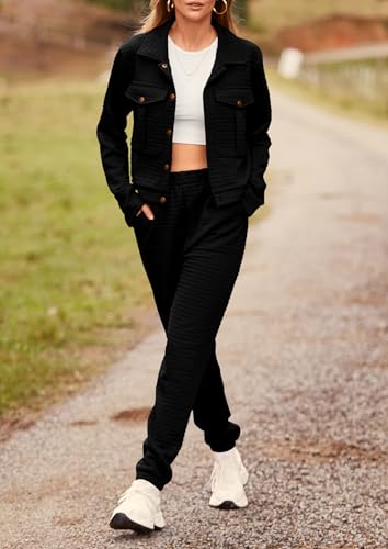 Image of PRETTYGARDEN Womens Two Piece Sets Fall 2026 Long Sleeve Button Down Shacket Jacket Long Sweatpants Tracksuit Winter Clothes