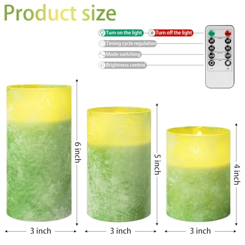 Image of Green Flameless Candles with Remote, Real Wax Battery Operated Candles with Timer, Set of 3 Electric LED Pillar Fake for Party Halloween Christmas Home Living Room Decor
