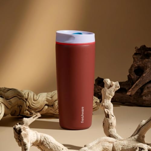 Image of Frenchware AeroMug Insulated Stainless Steel Coffee Tumbler, 600 ml | Smooth Sip Slider, Reusable, Hot & Cold Coffee Travel Mug, Dark Merlot