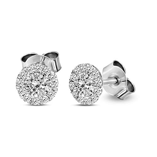 IGI Certified 1 Carat Lab Grown Halo Diamond Stud Earrings | 14K White Gold Round Shape Push Back Pave Setting Friendly Diamonds Earrings - Main Image