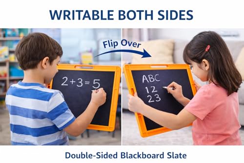 Image of YAJNAS Double Sided Blackboard Slate with Handle for Kids Chalkboard Writing Drawing Learning Board Pre Writing Practice Educational Toy for Toddlers Preschool Nursery LKG UKG Children 8.5x10.50 Inch