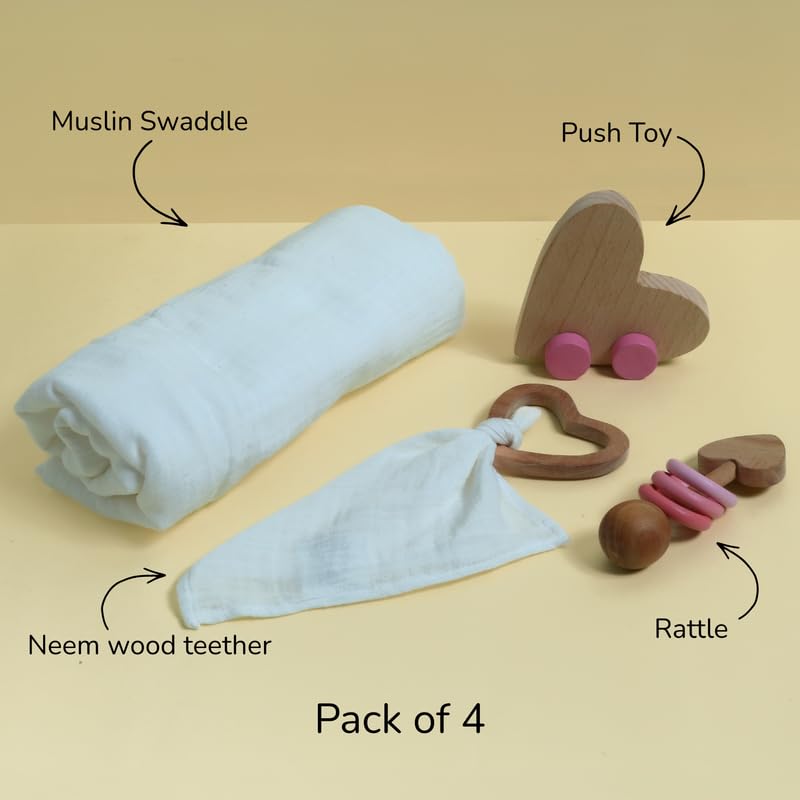 Image of Baby Gift Set - Preet | Newborn Gift Set with Muslin Swaddle, Heart Rattle, Rolling Toy & Neem Wood Teether | Handmade in India | Non Toxic Baby Gift