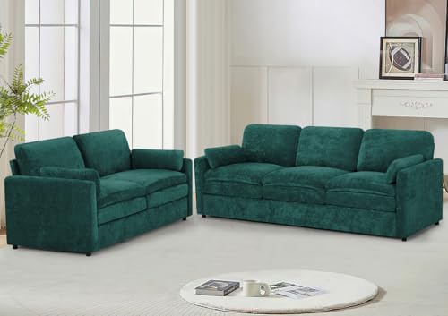 Lesofair 2 Pieces Chenille Couch Set with Well-Filled Pillows, Modern 3 Seats and 2 Seats Sofa with Soft Backrests, Classic Upholstered Sectional Couch with Thickened Cushions for Living Room, Teal