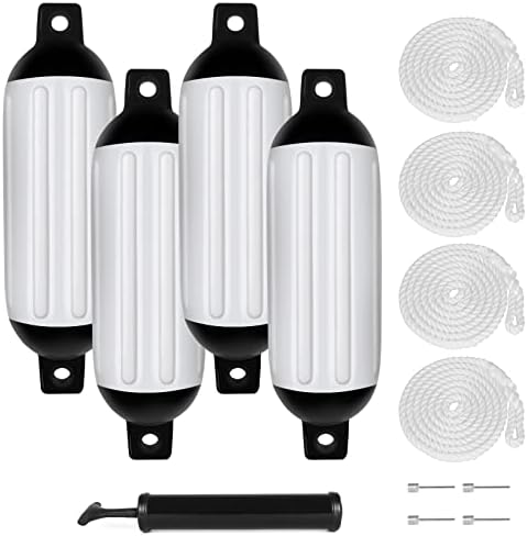 VEITHI Boat Fenders 4Pack, Ribbed Twin Eyes Vinyl Boat Fender Bumpers, Boat Bumpers for Docking Come with Ropes Needles and Pump to Inflate, Bumpers of Boats 8.5 x 27 inch White/Black