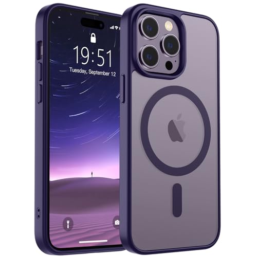Image of SUPFINE Magnetic for iPhone 14 Pro Case (Compatible with MagSafe) (Military Grade Drop Protection) Translucent Matte Shockproof Phone Case, Dark Purple