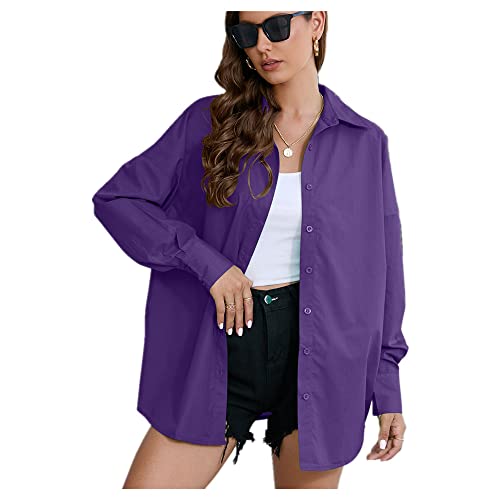 CUOREZ Camisa de vestir para mujer de manga larga con botones sueltos, Morado (, XXL