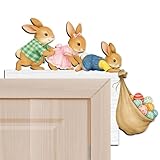 Happirra Türschmuck Osterdeko aus Holz – 3 Hasen mit Ostereiern, doppelseitig Bedruckt – Lustige Ostern Deko für Tür, Fenster, Kamin & Kühlschrank