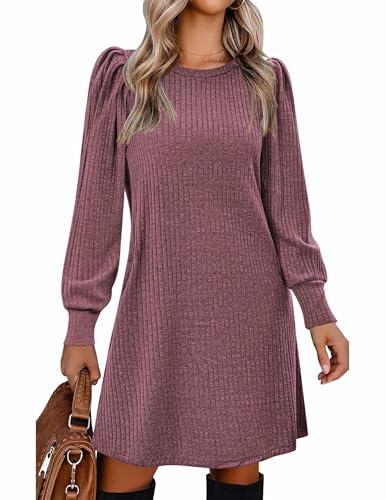 Zeagoo Womens Dresses Fall 2025 Long Sleeve Solid Dress Casual Knited A Line Dresses, Mauve M