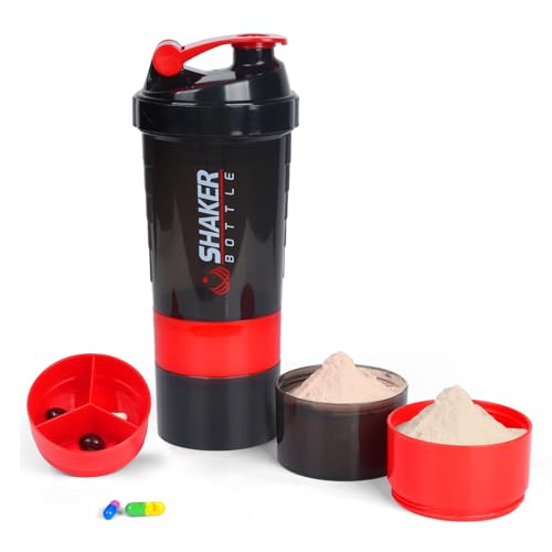 VECH Botella mezcladora de proteínas, taza mezcladora GYM para batidos de proteínas, botella de batido de 16 onzas con bola y compartimento de almacenamiento, a prueba de fugas, sin BPA (rojo)