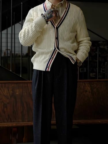 Men's V-Neck Cable Knit Cardigan Sweater - Long Sleeve Button-Up 100% Acrylic Warm Sweater (Ivory)4