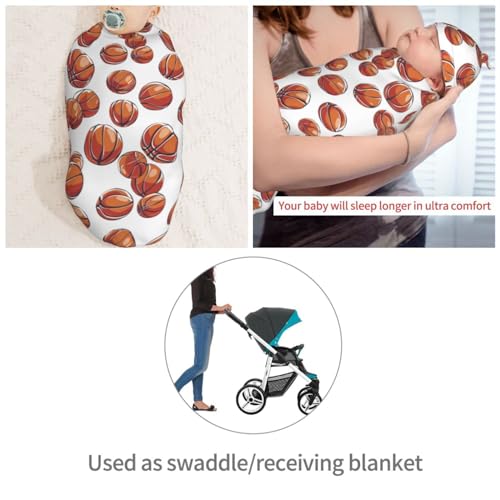 Image of Cartoon Basketball Ball Pattern Newborn Swaddle Blankets Hat Sets Soft Baby Receiving Blanket Swaddle Sack for Baby Shower Infant Boy Girl Gift