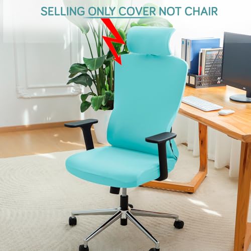 Image of HOKIPO 'SereneSolids' 140 GSM Office Chair Cover with Headrest (High-Back) - 140 GSM Stretch Fabric - Washable, Anti-Slip Fit for Ergonomic Mesh Office Chairs, Sky Blue (AR-5369-SBLU)